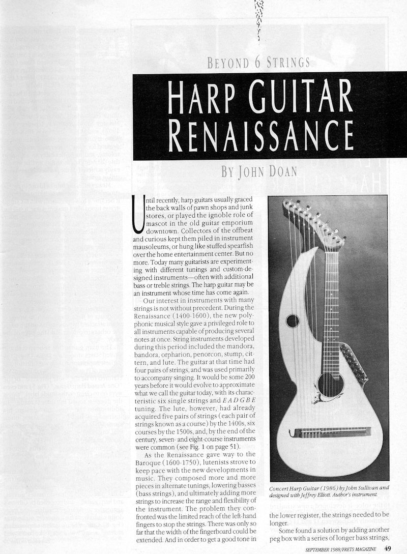 Article by John Doan in Frets Magazine September 1988 on Harp Guitar Renaisance