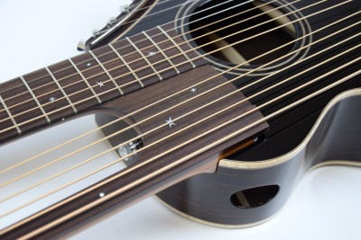 Brunner harp guitar close up of star inlays and side sound port